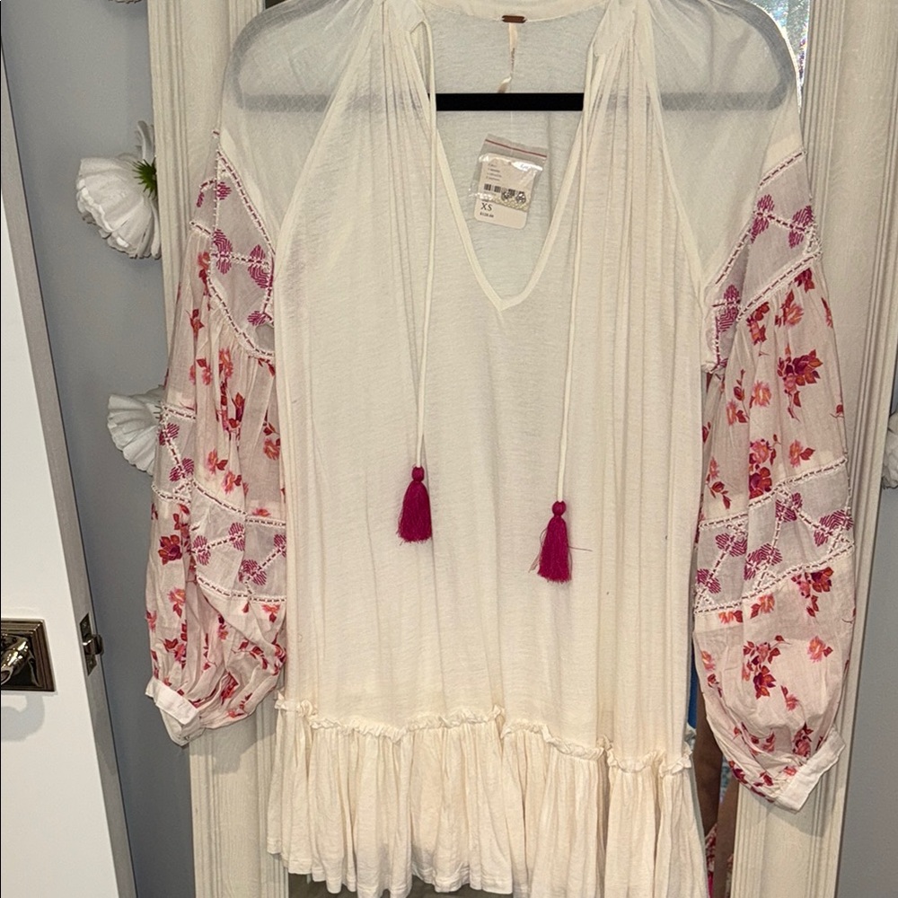 Free People Cream and Pink Ruffled Tunic NWT